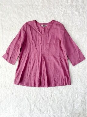 FLAX Woman 100% Linen Relax Fit V-Neck Top Tunic MEDIUM Lagenlook Boho Coastal